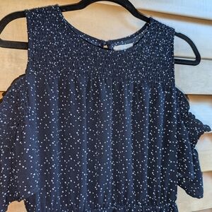 Blue With White Polka Dots Ruffled Cold Shoulder Dress